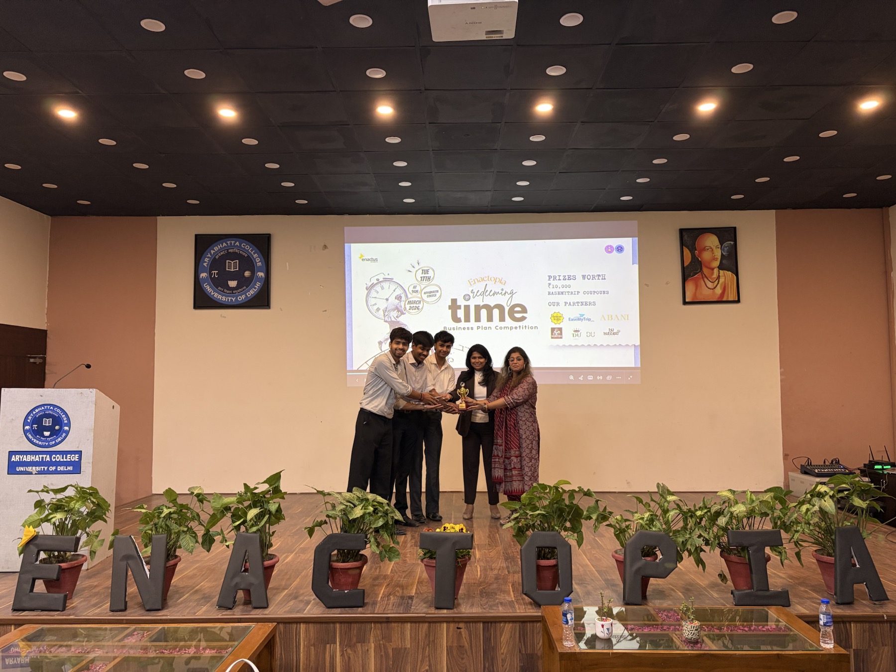 Enactopia winners and judges on the Aryabhatta College stage